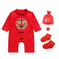 Chinês tradicional alta qualidade roupa do bebé botão macacão de algodão do bebê macacão + Ano Novo chapéu + meias set