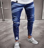 Мужские джинсы мужские мыть плещенные чернила дизайн сломанные тощие моды поцарапанные кожа плотные джинсовые штаны