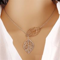 Women New Fashion Vintage Punk Silver Gold Color Hollow Two Leaf Pendant Necklace Chunky Statement Chain Necklaces Charm Jewelry Small Gift