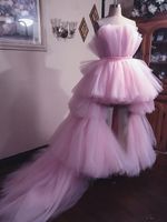 Hoge Lage Robe de Soiree Roze Party Jurken Strapless Tulle Puffy Cocktail Party Jurk Tiered Custom Made Cheap Prom Dress