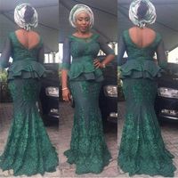 ファッションプラスサイズのアフリカの緑のアップリケマーメイドロングイブニングドレスオープンバックペプラムアンカラキッティング女性長いフォーマルガウン