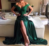 Hunter Verde Alta Split Prom Dresses fuori dalla spalla Appliques pizzo di una lunga serie Modest Vestios De Fiesta Backless sera del partito di abiti HY218