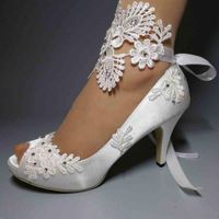 Жемчуг и кружева ручной работы Свадебные туфли с открытым носком Свадебные туфли на каблуках подружки невесты Обувь для выпускного бала с кружевным цветочным браслетом