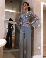 Zarif Gümüş Gri Dantel Anne Gelin Pantolon Düğün Damat Elbise Için Suits 3D Çiçek Aplike Uzun Kollu Örgün Kıyafet Giysi