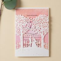 Wishmade White Wedding Convites Cartões com laser em branco Corte árvores Noiva e noivo e elegante cartão interno rosa, customizável aw7069