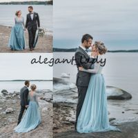 Dramatic Blue Bohemian Wedding Dresses with Long Sleeve 2019 Stormy Scandinavian Vintage Lace Tulle Backless Beach Wedding Gown Cheap