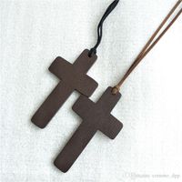 Nya enkla träkors halsband för kvinnor Wood Crucifix hänge med svart brun sträng rep långa kedjor mode smycken