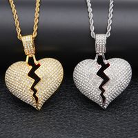 Iced out Broken Love Heart Pendant Necklaces Men' s Blin...