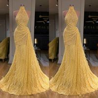 Yellow 2020 Sexy Prom Dresses High Neck Sequined A Line Bead...