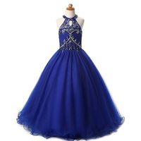 Modern Royal Blue Halter Girls Pageant Dresses 2022 Crystal Beaded Sequin Tulle A Line Hollow Back Bambini lunghi Bambini abiti da ballo formale