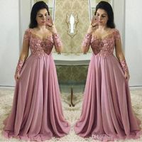 2019 Gorgeous Dusty Pink Prom Dresses With Long Sleeves Sheer Jewel Neck Party Guest Dress Chiffon Lace Plus Size Evening Gowns