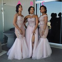 Blandad stil långa brudtärna klänningar 2020 Golvlängd Lace Appliques Sash Robe de Soiree African Nigerian Prom Bröllop Gästklänning