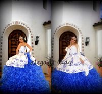 Biały Royal Blue Haft Quinceanera Dresses 2019 Sweetheart Długa Suknia Balowa Debiutante Sukienka Vestido DE 15 NOS Meksykańska Quinceanera Suknia