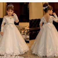 2019 New Cute Girls Dresses Backless Gown ff Shoulder Bateau Long Sleeves Flower Girls&#039; Dresses With Sash Princess Lace Appliques Tulle Wed