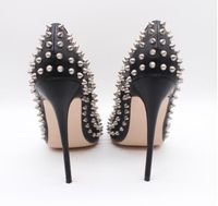 Hot Sale-real photo genuine leather office lady Black Matt Studded spikes Point Toe lady High Heel Shoes Pump size 33-45 8cm 12cm 10cm