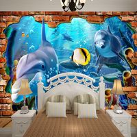 3D Space Ocean World en Falso Ladrillo Fotomural Fondos de pantalla para niños Dormitorio para niños Sala de estar Hotel Baby Infant Natatorium Wall Decor