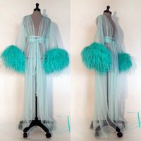 Turquoise Robe De Mariée Sexy Women Bathrobe Feather Sleepwear Nightgown Long Sleeve Long Robe Spa Bridal Boudoir Robe Party Costume