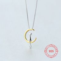 Cute 925 Sterling Silver Animal Jewelry Moon Cat Necklace fo...