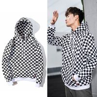 Men' s oversize hoodies black and white checked hooded f...