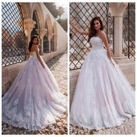 2019 Prinsessan Rosa Bröllopsklänningar Strapless Ärmlös Korset Bridal Gowns Custom Made Soft Tulle Lace Robe de Marie