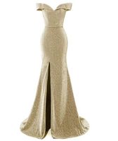 2022 Bling Gold Seailsins Abiti da damigella d'onore lungo dalla spalla Sirena Side Slits Backless Wedding Guest Guest Prom Party Dress