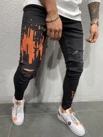 망 인쇄 힙합 청바지 Streetwear 남자 패션 의류 디지털 프린트 구멍 스키니 블랙 긴 데님 바지
