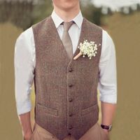 Country Brown Groom Vests For Wedding Wool Herringbone Tweed...