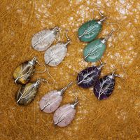 10Pairs Tree of Life Dangle Earrings Natural Gemstone Teardrop Amethyst Rose Quartz Handmade Wire Wrapped Hook Drop Earrings Stone Jewelry