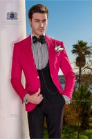 Fashion Hot Pink Groom Tuxedos Peak Lapel Groomsmen Mens Wed...