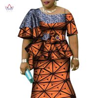 Afrika Ruffles Kol Baskı Kadınlar Için Tops Ve Etek Setleri Bazin Riche Afrika Giyim 2 Parça Özelleştirmek Etekler Setleri WY4392