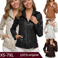 Vrouwen herfst nieuwe lange mouwen pure kleur rits lederen jas plus size jas slim-fit hooded jas XS-7XL