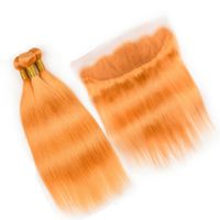 Прямой оранжевого цвет перуанского 3Bundles человеческих волос с Фронтальной 4шт Lot Pure Orange человеческих волос Weave утками с 13x4 Lace фронтального Закрытия