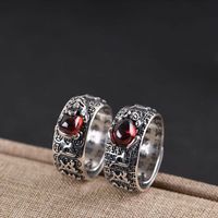 Mantra Rings 925 Sterling Silver Vintage Coins Engraved With Pixiu Natural Red Garnet Stone Resizable