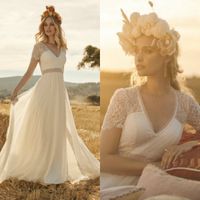 Rembo Styling 2020 Wedding Dresses Short Sleeves Lace Top Sweep Train Boho Wedding Gowns Country Style Chiffon Beach vestido de novia