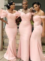 2022 Elegante Erröten Big Bögen Brautjungfer Kleider Südafrikanischer Designer aus Schulter Satin Mermaid Brautjungfer Kleid für Hochzeitsfeier