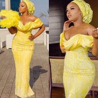 2020 gelb Stunning Mermaid Abend formale Kleider mit Spitze Appliques weg von der Schulter müde lange Gewohnheit afrikanische prom Kleider gemacht