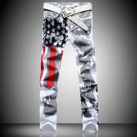 2020 Nova Moda Mens Mens Americana Bandeira Impresso Calças de Jeans Straight Slim Fit Calças Plus Size 38 40 42 Calças Jeans Casuais para Homens