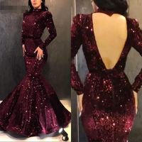 Burgonya Müslüman Abiye 2020 Seksi Açık Geri yüksek boyun Denizkızı Pullu Tam Kollu Örgün Hüsniye Moda Uzun abiye gece elbisesi