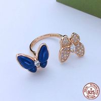 Europa i Ameryka S925 Sterling Silver Pierścień Podwójny Motyl Lapis Lazuli Ring Kobieta Róża Złota Bogini Temperament Ręka Biżuteria Prezent Gorący