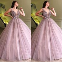 Dompelen v-hals kralen kristallen prom jurken 2019 schemer roze tule mouwloze avondjurken formele feest slijtage jurken plus size