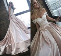 Vestido de fiesta de la boda 2020 de novia de encaje increíble desnuda Marfil vestidos de tren real del hombro drapeado de raso vestidos de novia más el tamaño de recepción