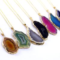 Gold edge Natural stone agate necklace with Stainless Steel ...