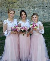 2020 Brautjungfer Kleider Eine Linie V-ausschnitt Langarm Brautjungfernkleider mit Spitze Tüll Bodenlangen WedDIGN Gästekleider