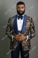Erkekler Altın Desen Ve Donanma Mavi Damat Takımları Smokin Şal Saten Yaka Groomsmen Düğün Best Adam (Ceket + Pantolon + Yelek + Kravat) C699