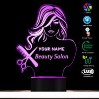Beauty Salon Fashion Lady LED Illusion Night Light Barber Shop Hairdresser Scissor Comb Table Lamp Custom Your Name Modern Lights