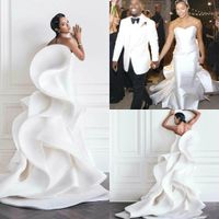 2021 Günstige Rüschen weißen Brautkleider Liebsten Sweep Zug Tiered Röcke Satin Mermaid Brautkleider African Plus Size Brautkleid