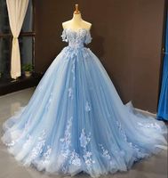 Céu claro Blue Beaded Quinceanera Vestidos fora do ombro Lace Appliqued vestido de baile tule lace up back princesa vestidos de noite