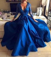 Royal Blue Dantel Derin V-Yaka Uzun Gelinlik Yüksek Yan Bölünmüş Uzun Kollu Abiye Giyim Artı boyutu Sweep Tren vestidos de Festa Ogstuf