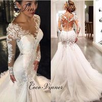 Full Sleeves Illusion Back Lace Mermaid Wedding Dresses Plus Size Custom Made Wedding Dress 2020 Embroidery Bride Dress W0037
