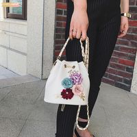 Vintage handgemaakte bloemen emmer tassen mini schoudertassen met trekkoord kleine cross body bags parel pu bladeren stickers